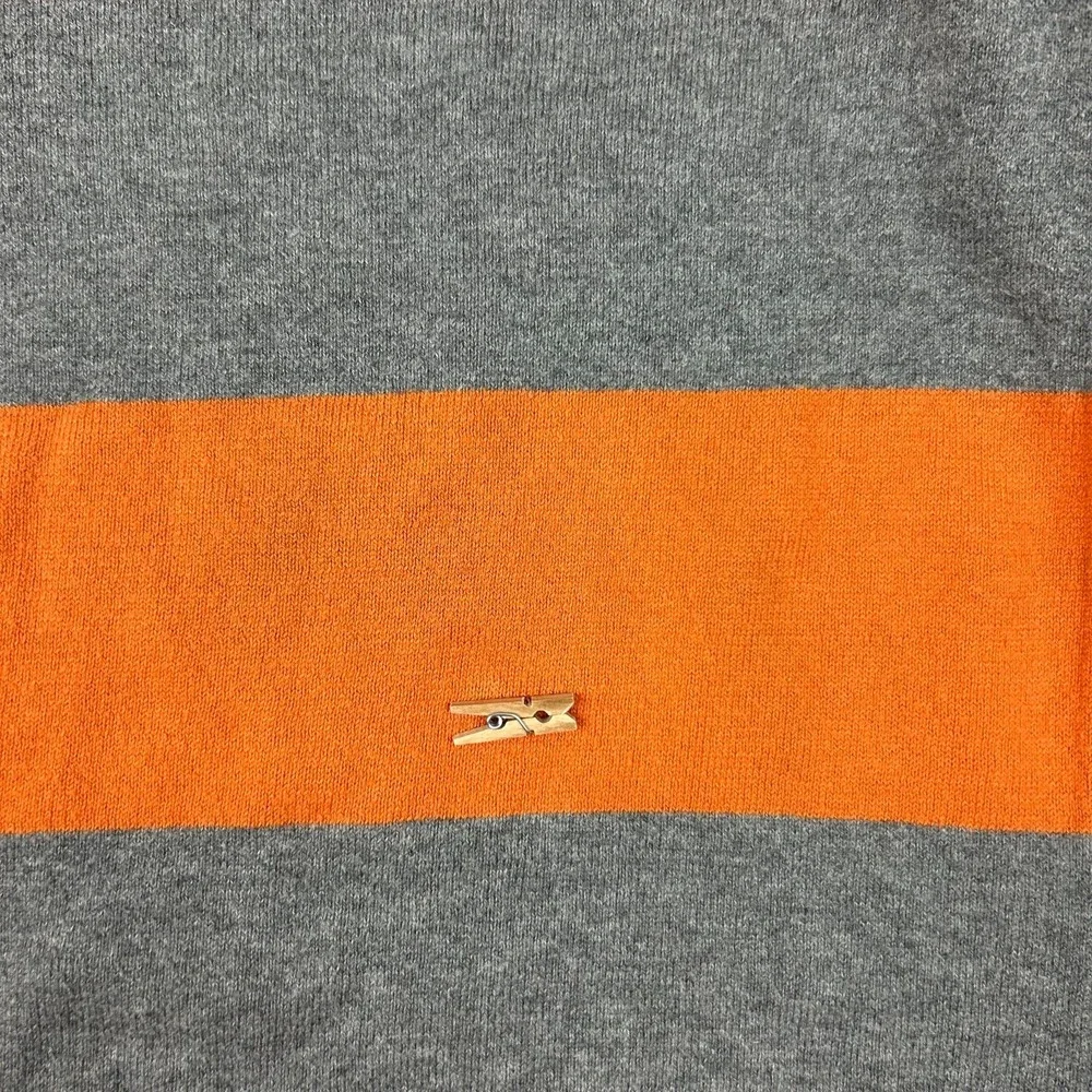 Old Navy Sweater Mens Medium Gray Orange Striped Chunky Knit Ribbed Hem V Neck